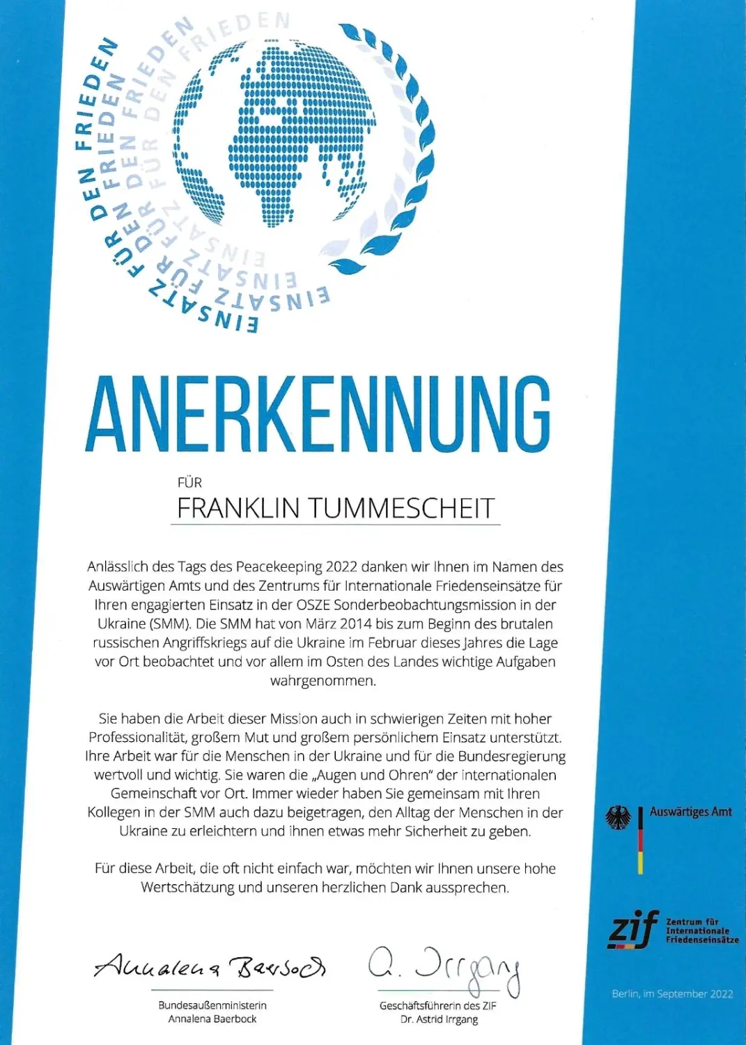 Annerkennung für Franklin Tummescheit von Franklin Tummescheit